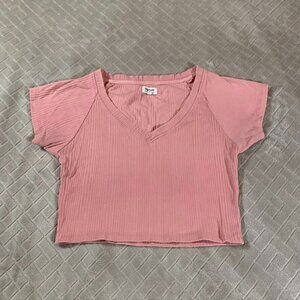 Hollyland Womesn Medium T Shirt Pink Cropped Short Sleeve V Neck Rib Kint